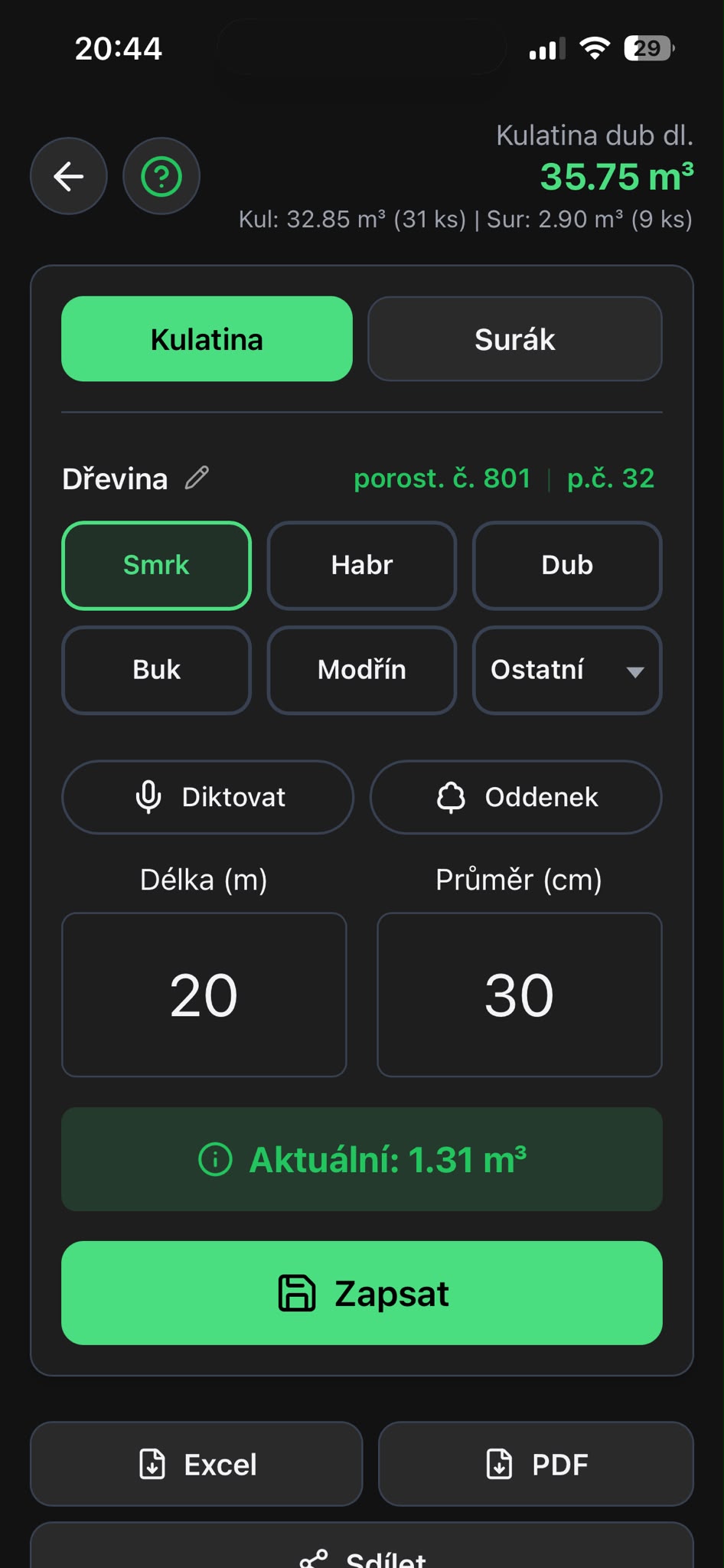 Detail zadávání rozměrů kulatiny v aplikaci Timber Calc